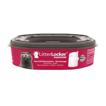 LitterLocker Fashion Nachfüllkartusche mit einem grauen Katzenbild auf pinkem Hintergrund, beschriftet mit "Nachfüllkassette • Recharge."