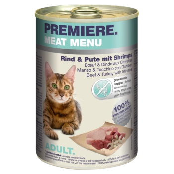 Eine Dose Premiere Meat Menu Katzenfutter mit einem Bengal-Katzenetikett, das "Rind & Truthahn mit Garnelen", getreidefrei, 100% frisches Fleisch zeigt.