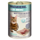 Une boîte de nourriture pour chats Premiere Meat Menu avec une étiquette de chat Bengal, présentant 'Boeuf & Dinde avec Crevettes', sans céréales, 100% viande fraîche.