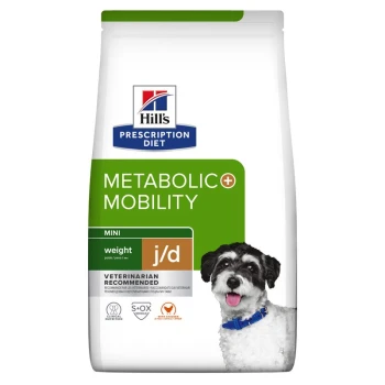 Hill's Prescription Diet Metabolic + Mobility Hundefutterbeutel, mit einem lächelnden kleinen Hund, beschriftet mit "MINI j/d" und "Vom Tierarzt empfohlen."