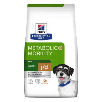 Hill's Prescription Diet Metabolic + Mobility Hundefutterbeutel, mit einem lächelnden kleinen Hund, beschriftet mit "MINI j/d" und "Vom Tierarzt empfohlen."