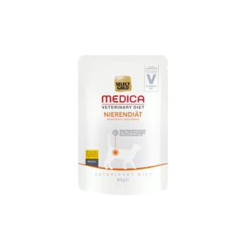 Wählen Sie Gold Medica Veterinary Diet Nierendiät Katzenfutterbeutel, 85 g, mit einem weißen Hintergrund und einer Katzensilhouette sowie Nährwertangaben.