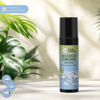 Blauer Yuki kümmert sich um Allergie-Creme Tube mit schwarzem Deckel, hebt Vorteile bei allergischem Juckreiz und gestresster Haut hervor; 100% biologisch abbaubar.