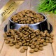 Eine silberne Futterschüssel für Haustiere, die mit braunem Futter überquillt, auf einer Holzoberfläche, mit verstreuten Stücken und einem "PREMIUM"-Label.