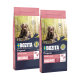 Zwei 12 kg Beutel Bozita Adult Light Hundefutter mit einem braunen Hund im Wald. Die Etiketten lesen "Schwedische Naturqualität" und "Weizenfrei."