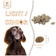 Hundefutterverpackung mit "WILDFANG LIGHT / SENIOR" mit angezeigten Krokettenstücken, einschließlich Größenvergleichsmessungen.