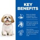 A happy Shih Tzu sits next to a blue panel highlighting benefits: easy digestion, balanced minerals, and Omega-6 & Vitamin E for skin.