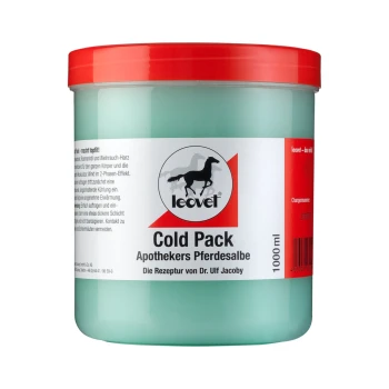 Ein türkisfarbener Behälter mit einem roten Deckel, beschriftet mit "leovet Cold Pack" und "Apothekers Pferdesalbe", der 1000 ml eines kühlenden Gels für Pferde enthält.