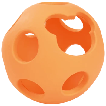 Orange rubber pet toy ball with multiple holes for easy grip and play. Ideal for dogs to chew and fetch.