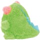 Groene pluchen dinosaurus huisdierspeelgoed met roze hoorns en blauwe stekels, zachte en pluizige textuur.