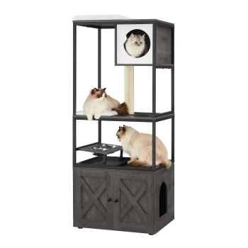 Ein mehrstöckiger Katzenbaum mit zwei flauschigen Katzen, die auf verschiedenen Plattformen entspannen, mit einem Kratzbaum, Futternäpfen und einem gemütlichen Versteck.