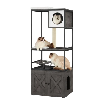 Ein mehrstöckiger Katzenbaum mit zwei flauschigen Katzen, die auf verschiedenen Plattformen entspannen, mit einem Kratzbaum, Futternäpfen und einem gemütlichen Versteck.