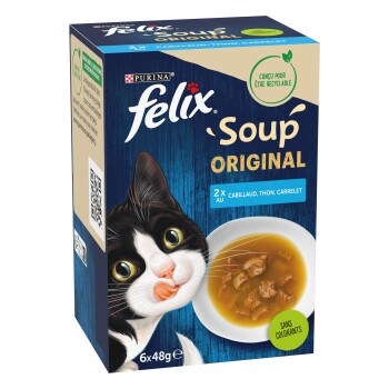 Boîte de nourriture pour chats Purina Felix «Soup Original» avec illustration de chat et bol de soupe de poisson ; texte visible «Felix», «Soup ORIGINAL», «2x au cabillaud».