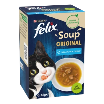 Boîte de nourriture pour chats Purina Felix «Soup Original» avec illustration de chat et bol de soupe de poisson ; texte visible «Felix», «Soup ORIGINAL», «2x au cabillaud».