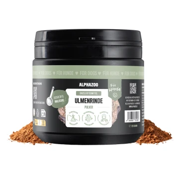 ALPHAZOO Care Ulmenrinde-Pulver für Hunde und Katzen, mit einem Holzlöffel und Text, der Zutaten wie Gleitholzrinde hervorhebt.