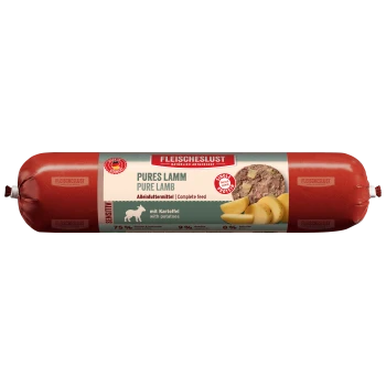 Emballage cylindrique rouge de nourriture pour animaux "Fleischeslust Pure Lamb", contenant des pommes de terre, avec 75% de viande et d'abats, étiqueté comme aliment complet.