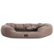 Ein gemütliches, ovales Haustierbett aus strukturiertem braunem Stoff mit einem weichen, dunklen Kisseninneren und einem kleinen Seitkissen, mit einem "tierland"-Label.