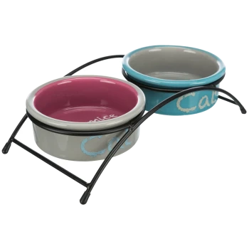 Doppeltes Futtergeschirr-Set mit einer pinken und einer blauen Keramikschüssel, jede in einem schwarzen Metallständer, mit den Worten 'Katze' und 'Schön'.
