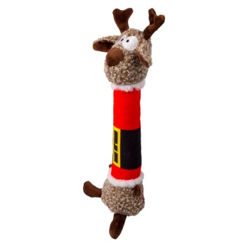 Plush dog toy shaped like a reindeer wearing a red Santa suit with a black belt and white trim.