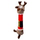 Plush dog toy shaped like a reindeer wearing a red Santa suit with a black belt and white trim.
