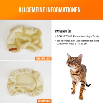 Bild eines weichen, cremefarbenen Haustierbettbezugs mit einem Etikett, das Vorder- und Rückansicht zeigt. Der Text zeigt, dass es für bestimmte Fensterbänke geeignet ist.