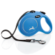 Blue retractable dog leash with a black strap and silver clip, featuring a silhouette of a dog and the text "MADE IN GERMANY."