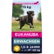Hundfutterbeutel mit einem laufenden schwarzen Labrador auf einer grasbewachsenen Fläche, beschriftet "EUKANUBA," 15 kg, geeignet für erwachsene Hunde im Alter von 1,5-6 Jahren, über 25 kg.