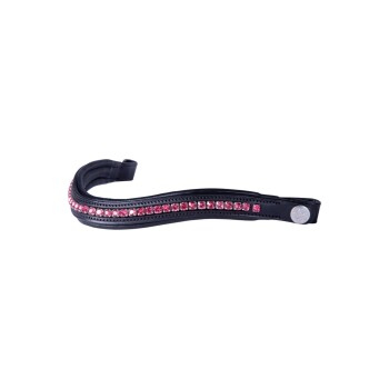 Schwarzes Leder-Haustierhalsband, verziert mit pinken Strasssteinen, mit einem Druckverschluss und einem dekorativen Emblem.