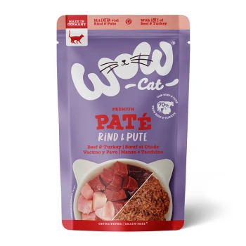 Premium-Katzenfutterbeutel mit der Aufschrift "WOW-Cat", der Rind- und Truthahn-Pâté enthält, mit Bildern von Fleischstücken, getreidefrei, hergestellt in Deutschland.