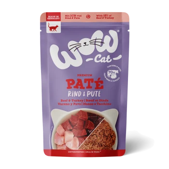Premium-Katzenfutterbeutel mit der Aufschrift "WOW-Cat", der Rind- und Truthahn-Pâté enthält, mit Bildern von Fleischstücken, getreidefrei, hergestellt in Deutschland.