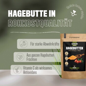 Hagebuttenpulver für Hunde und Pferde, hergestellt aus ganzen Hagebutten, stärkt die Immunabwehr und enthält Vitamin C.