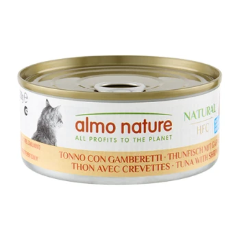 Boîte Almo Nature pour chats, étiquetée « almo nature – All profits to the planet », « Thon aux crevettes », avec profil de chat sur l'étiquette.