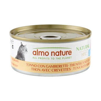 Boîte Almo Nature pour chats, étiquetée « almo nature – All profits to the planet », « Thon aux crevettes », avec profil de chat sur l'étiquette.