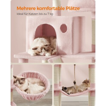 Ein rosa mehrstöckiger Katzenbaum mit einem Versteck und einer Hängematte, zwei Katzen entspannen. Text: "Bequeme Plätze für Katzen bis zu 7 kg."