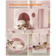 Ein rosa mehrstöckiger Katzenbaum mit einem Versteck und einer Hängematte, zwei Katzen entspannen. Text: "Bequeme Plätze für Katzen bis zu 7 kg."