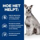 Een grijze hond staat naast een blauwe achtergrond met tekst in het Nederlands die voordelen voor spijsvertering, darmgezondheid en immuunondersteuning schetst.