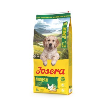 Josera YoungStar Junior-Hundefutterbeutel mit Huhn und Kartoffel, deutsche Qualität, getreidefrei, für alle Größen.