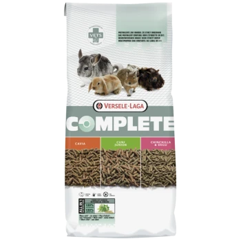 Zak van Versele-Laga Complete huisdierenvoer voor kleine dieren, met secties voor Cavia, Cuni Junior en Chinchilla & Degu, met zichtbare ingrediënten.
