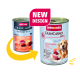 Zwei Animonda GranCarno Sensitiv Hundefutterdosen (altes und neues Design) mit 'NEW DESIGN'-Badge und Geschmacksangabe 'Reines Huhn + Reis' (Pure Chicken + Rice).