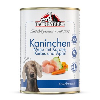 Tackenberg Kaninchenfutterdose mit Karotte, Kürbis, Apfel, 79 % Fleischanteil und vollständigem Menü-Label.