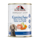 Boîte de nourriture pour lapin Tackenberg avec carotte, potiron, pomme, 79 % de viande, et étiquette de menu complet.