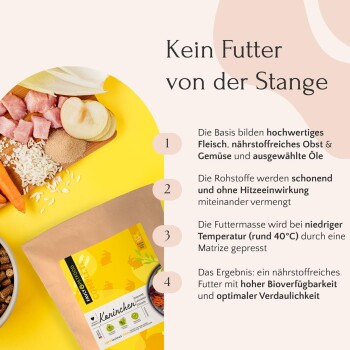 Rohzutaten einschließlich Fleisch, Reis, Karotten und Apfelscheiben mit einer Tüte Paw Petfood Kaninchen-Geschmack und deutschem Text über Qualitätszutaten.
