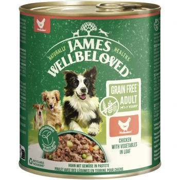 Dose James Wellbeloved getreidefreies Erwachsenen-Hundefutter, Huhn mit Gemüse im Laib, hypoallergen, recycelbare Verpackung.