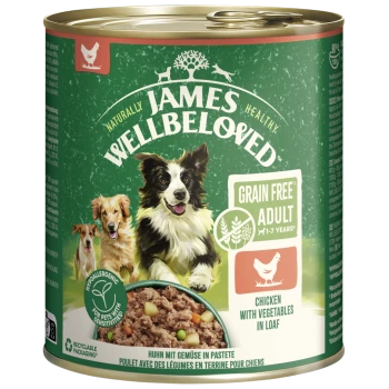 Dose James Wellbeloved getreidefreies Erwachsenen-Hundefutter, Huhn mit Gemüse im Laib, hypoallergen, recycelbare Verpackung.