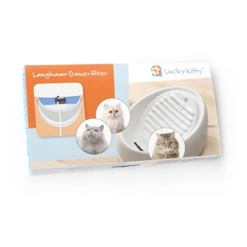Schachtel mit der Aufschrift "Langhaar-Dauerfilter" und "Lucky-Kitty", zeigt einen weißen Trinkbrunnen und drei Katzenfotos
