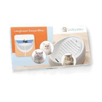 Schachtel mit der Aufschrift "Langhaar-Dauerfilter" und "Lucky-Kitty", zeigt einen weißen Trinkbrunnen und drei Katzenfotos