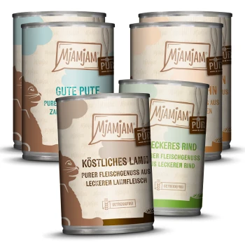 Nassfutter Katze, Purer Fleischgenuss Mixpaket 6x400 g Dosen mit Mjamjam-Hundefutter in Geschmacksrichtungen wie "Gute Pute", "Köstliches Lamm" und "Leckeres Rind", mit einem verspielten Design.