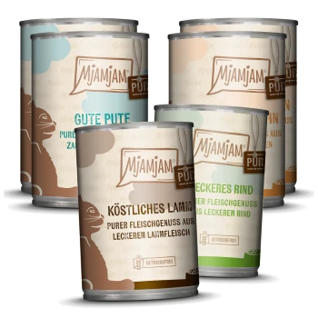 Dosen mit Mjamjam-Hundefutter in Geschmacksrichtungen wie "Gute Pute", "Köstliches Lamm" und "Leckeres Rind", mit einem verspielten Design.