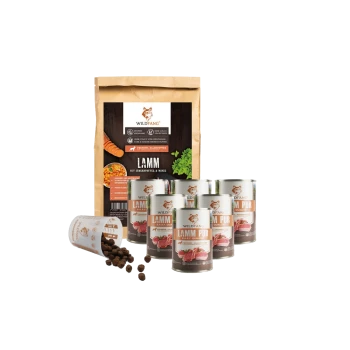 Wildfang Lamm-Hundefutterpaket mit sechs Dosen und verschüttetem Trockenfutter auf weißem Hintergrund.