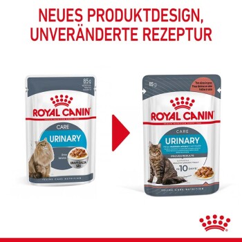 Bild von zwei Beuteln Royal Canin Urinary Katzenfutter mit neuem Design, aber dem gleichen Rezept. Text: "NEUES PRODUKTDESIGN, UNVERÄNDERTE REZEPTUR."